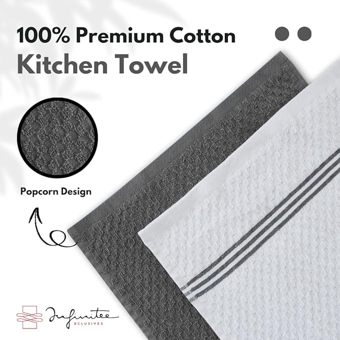 Infinitee Xclusives 100% Cotton Kitchen Towels - 15x25 Inch Ultra Soft Tea Towel, Super Absorbent Terry Dish Towels for Kitchen Linens |Grey|