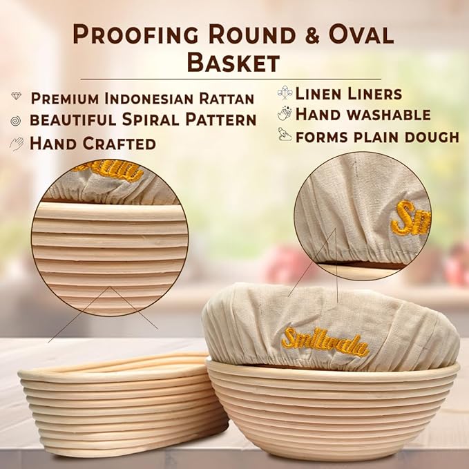 Set of 2 Banneton Bread Proofing Basket with linen Liner, 9" Round & 10" Oval bread basket with 9 Essential Bread Making Tools – Rattan Sourdough Banneton Basket Kit for Baking Enthusiasts