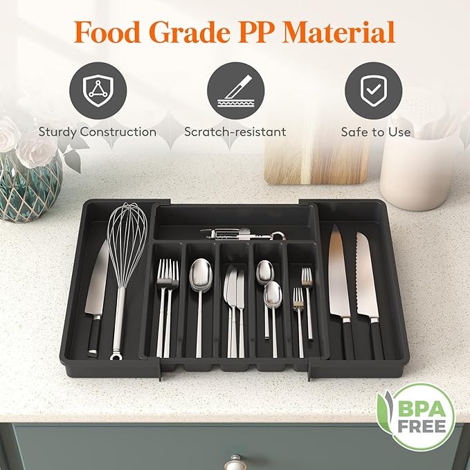 Lifewit Deep Silverware Drawer Organizer for Kitchen, Expandable Utensil Tray, Adjustable Flatware Cutlery Holder, Large Plastic Kitchen Storage for Spoons Forks Knives, 22.4 x 16.7 x 2 inches, Black