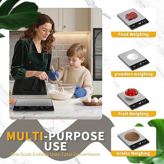 Food Scale - Rechargeable Digital Kitchen Scale 33lb, 1g/0.05oz Precision, Type-C, Stainless Steel, Grams/Ounces, LCD Display, for Cooking/Baking/Meal Prep (Ash Silver)