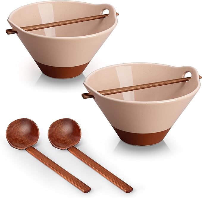 MALACASA 42 oz Ceramic Ramen Bowl Set with Wooden Spoon & Chopsticks, Japanese Style Soup Bowls for Ramen, Pho, Noodles – Set of 2, Microwave & Dishwasher Safe, Series TARA (Pink and Khaki)