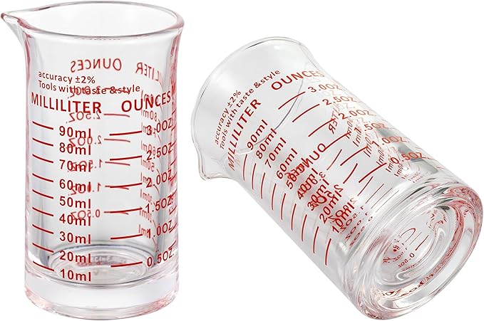Ackers 3oz/90ml Glass Measuring Cup – Shot Glass with Double Scale-Ounce,Ml Markings for Kitchen & Bar(Pack of 2)