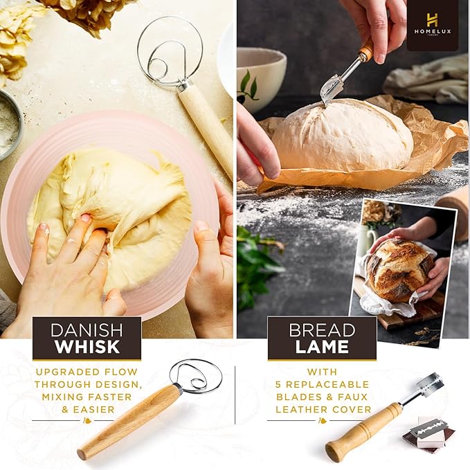 Sourdough Starter Kit, 14pcs Bread Making Kit & Sourdough Bread Baking Supplies Kit, Banneton Basket Kit for Sourdough Proofing with Bread Baking bowl for Artisan Breads (Pink) by HOMELUX THEORY