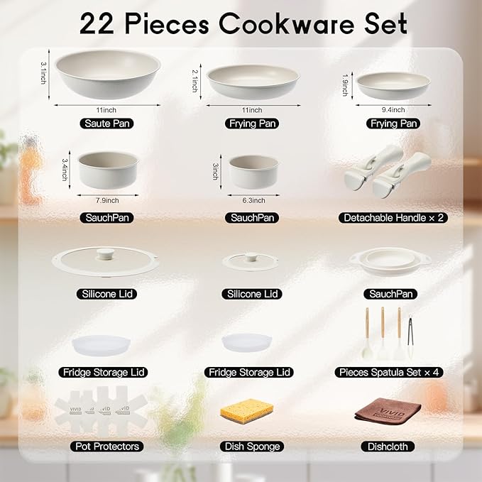 22Pcs Ceramic Cookware Set, Detachable Handle Non Stick Pots and Pans for Oven/Induction, All-in-One Kitchen Utensils Set, Cream White