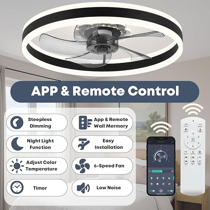 23.6'' Ceiling Fan with Light, Upgraded Low Profile Fan, Flush Mount Ceiling Fan, 6 Speeds, Dimmable LED, App & Remote Control, Quiet DC Motor, for Bedroom, Living Room, F105 Black