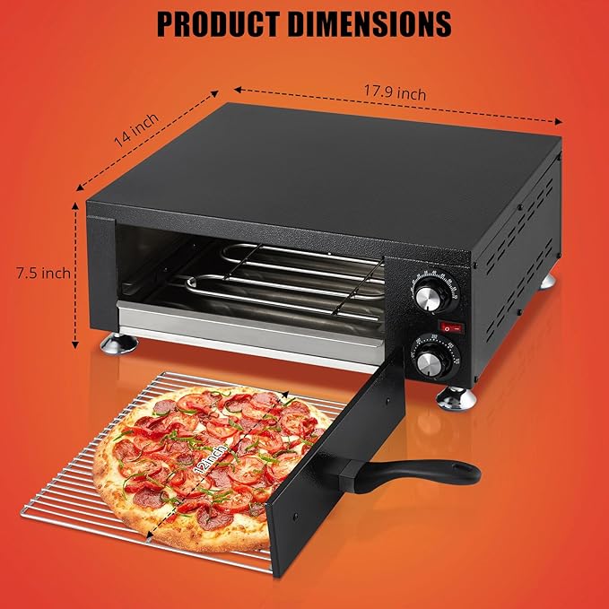 1100W Countertop Electric Pizza Oven,Stainless Steel Pizza Oven Maker with Timer & Removable Tray for Home, Kitchen & Restaurant, Black