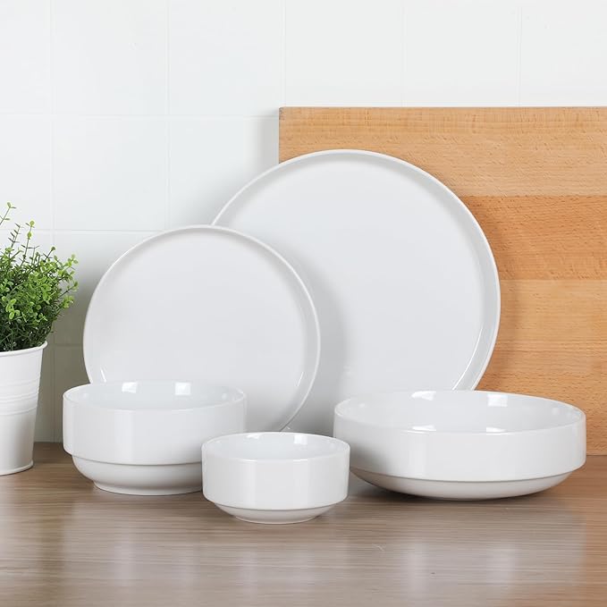 Gibson Home Rothernberg Stackable 40 Piece, Service for 8, White Porcelain Plates and Bowls Set
