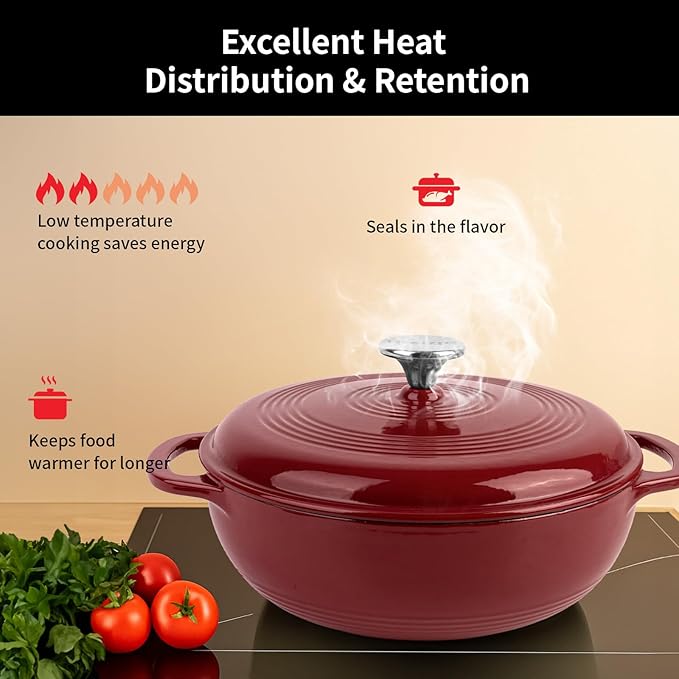 Enameled Cast Iron Dutch Oven Pot with Lid, 3 Quart Shallow Dutch Oven, Oven Safe up to 500° F, Suitable for Bread Baking, Braising, Roasting, Stews, Red