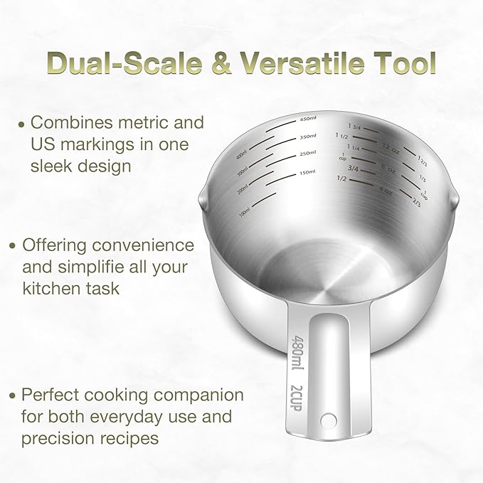 1PCS 2Cup (480ml, 16oz) Single Measuring Cup, Etched Inner Scale Stainless Steel Measure Scoop, Metric and US Measurement, Dishwasher Safe