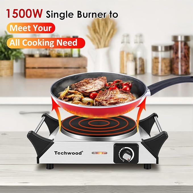 Hot Plate, Techwood Single Burner for Cooking, 1500W Countertop Electric Stove with Adjustable Temperature & Stay Cool Handles, 7.3" Cooktop for RV/Home, Upgraded Version Silver