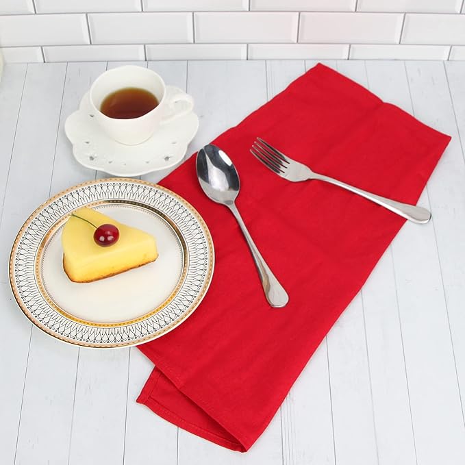 Solid Color Linen Cotton Thin Dinner Cloth Napkins - Set of 12 (40 x 40 cm) - for Xmas Thanksgiving Fall Use (Red)