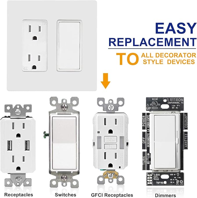 2-Gang Screwless Decorator Wall Plates, Child Safe Standard Size Outlet Cover, Unbreakable Polycarbonate Thermoplastic, Glossy White,20 Pack,UL Listed