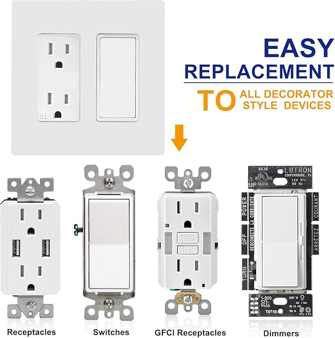 2-Gang Screwless Decorator Wall Plates, Child Safe Standard Size Outlet Cover, Unbreakable Polycarbonate Thermoplastic, Glossy White,5 Pack,UL Listed