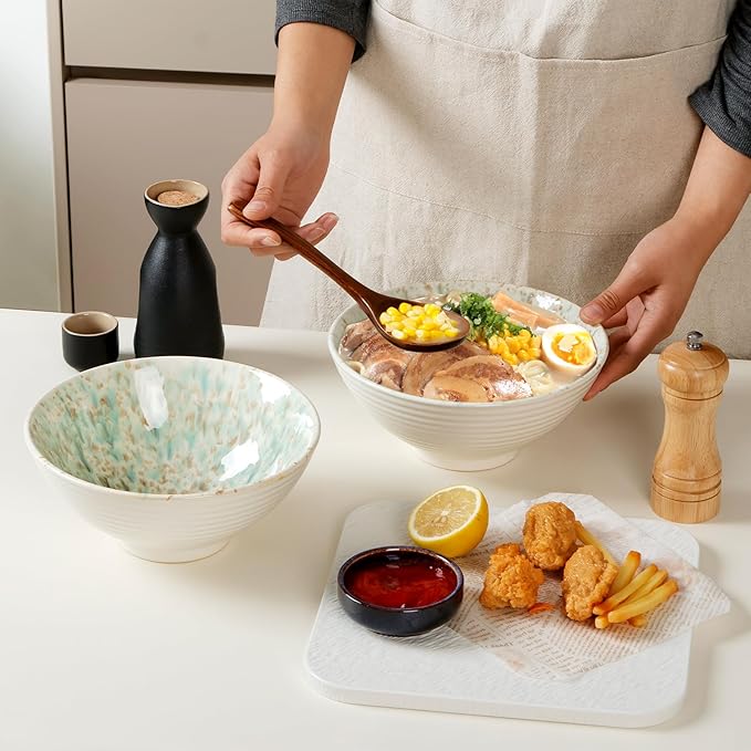NUTRIUPS 8 Inch Ceramic Ramen Bowl Set of 2 Pho Bowls 40oz Japanese Noodle Udon Soup Bowls with Spoons and Chopsticks (Forest)