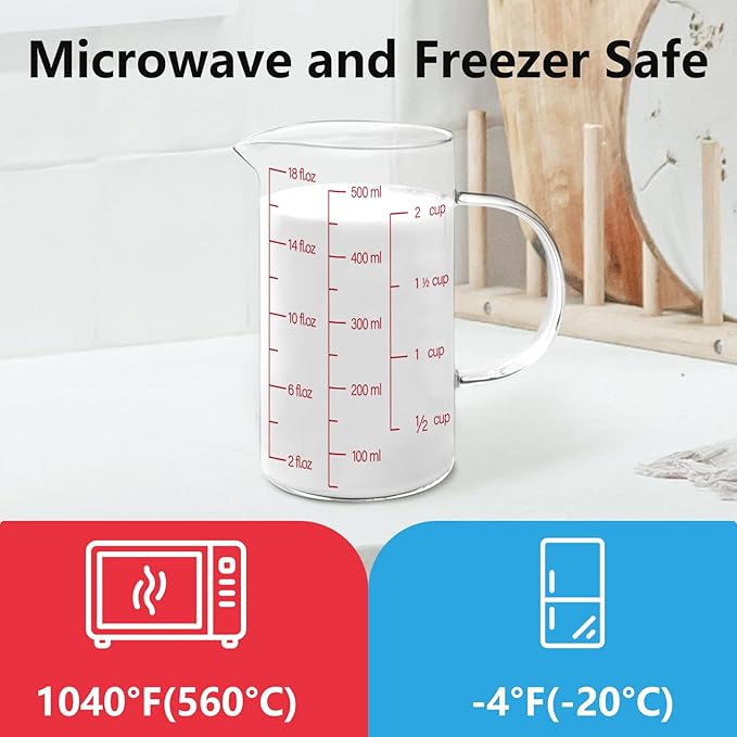 Luvan 18OZ/500ML Glass Measuring Cup, 2 Cup Glass Measuring Cups With 3 Scales (Ml/Oz/Cup), High Borosilicate Measuring Cup With Handle and V-Shaped Spout, Dishwasher/Freezer/Microwave Safe