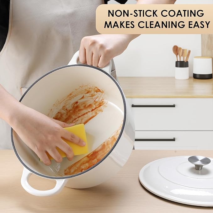 LIFERUN 6 Qt Enameled Cast Iron Dutch Oven Pot with Lid，Oven Safe up to 500° F, Heavy-Duty Non-Stick Dutch Oven with Dual Handles for Bread Baking, Fry Foods, Braising, Stews, Roasting (White)