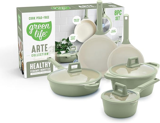 GreenLife 8 Piece Ceramic Nonstick Cookware Set, Induction Suitable Non Toxic PFAS-Free Pots & Pans, Dishwasher Safe, Cooking Set, Stock Pot, Saucepans & Frying Pans, Kitchen Cooking, Sage Green