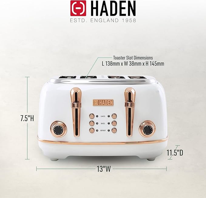 Haden Heritage 4 Slice Wide Slot Stainless Steel Toaster with Adjustable Browning Control & Non-Slip Feet, Ivory & Copper