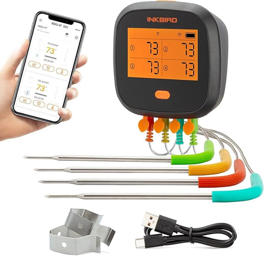 INKBIRD WiFi Meat Thermometer for Grilling, Unlimited Rang Rechargeable BBQ Thermometer APP Calibration, Temp Graph Mobile Notification, 4 Colorful Probes Food Thermometer for Pellet Smoker Oven