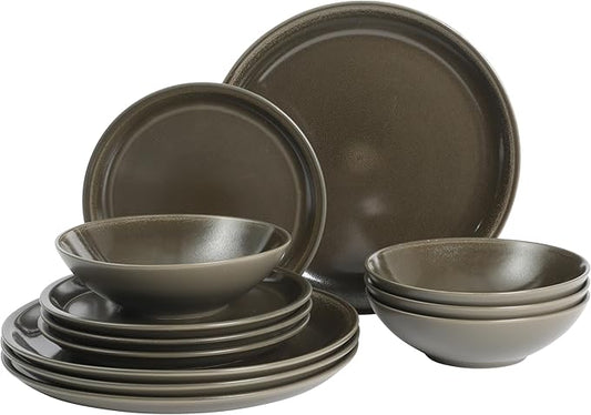 Gibson Elite 12 Piece (Service for 4) Lakecrest Plates and Bowls Reactive Glaze Round Dishes Stoneware Ceramic Dinnerware Set - Dark Green