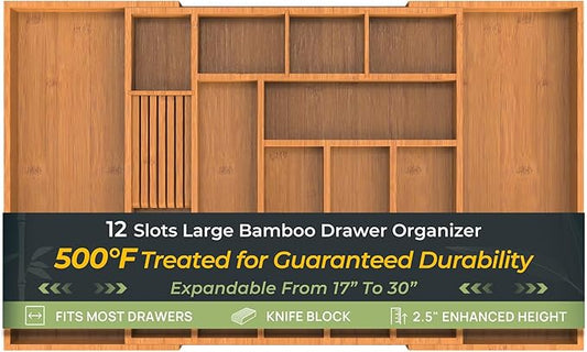 Carbonized Large Bamboo Kitchen Drawer Organizer, 12 Slots Expandable Silverware Organizer, Utensil Holder & Cutlery Tray, 2.5" Deep for Extra Capacity, Non-Slip Feet Included