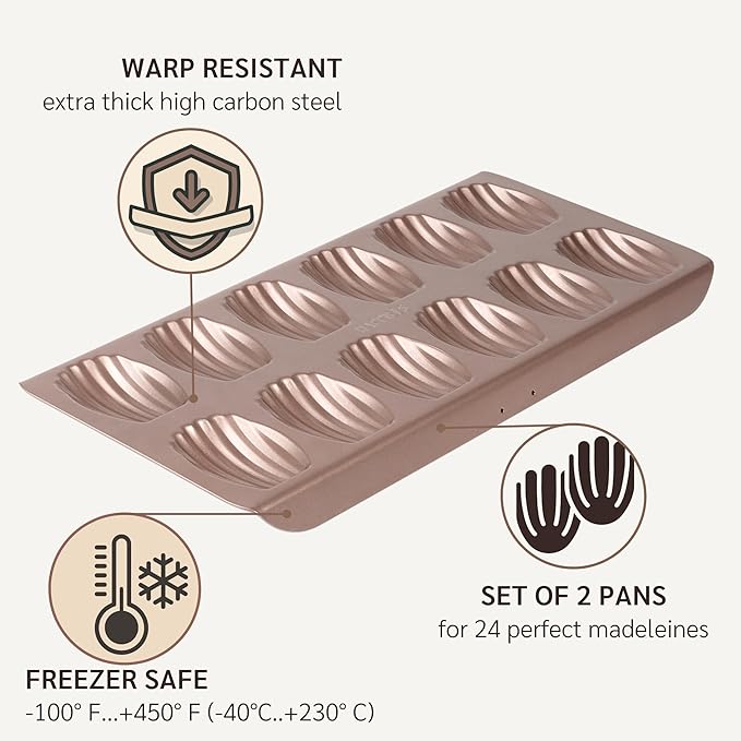 HAPPIELS Non Toxic Nonstick Madeleine Pan 12 Well Set of 2 (24 wells) | Non Stick Nontoxic Madeleines Pans for baking | Madeleine Cake Cookie Mold | Madeleine tray for oven | French tin 12