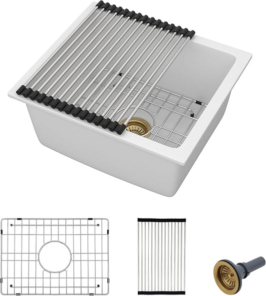 18"x16" Undermount Bar Prep Sink – White Granite Composite Quartz Classic Under Counter Single Bowl Sink Basin for Wet Bar, RV, Small Kitchen, Mobile Home