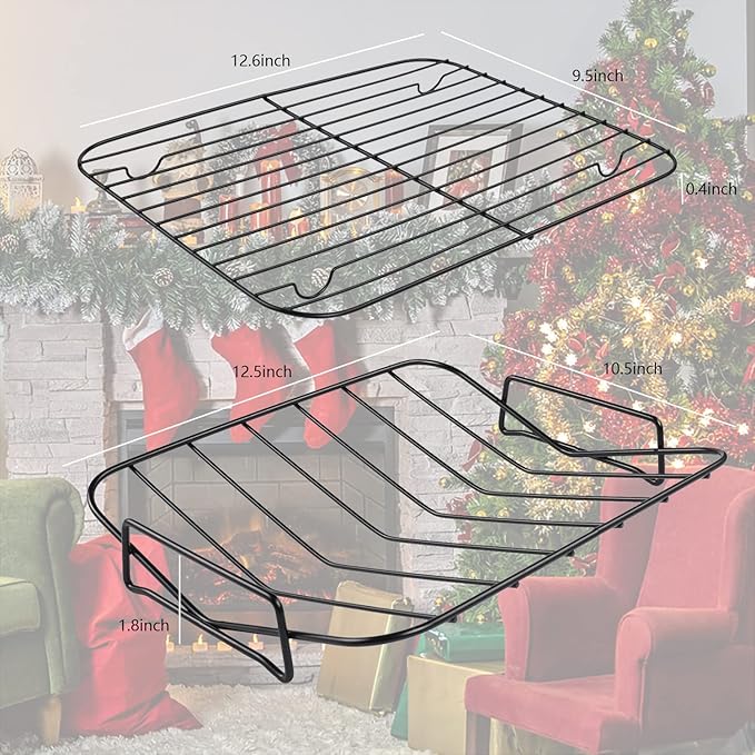 Kitcom Nonstick Roasting Pan with Rack, 16 Inch x 11.5 Inch Rectangular Roaster Set for Roasting Turkey, Chicken, Meat and Veggies, Gray