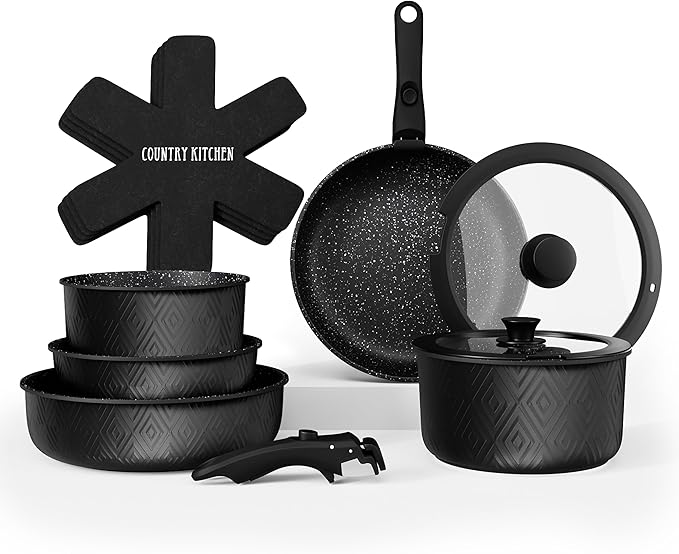 Country Kitchen Cookware Set with Removable Handle, Oven & RV Safe Pots and Pans Set, Black Rhombus, Original