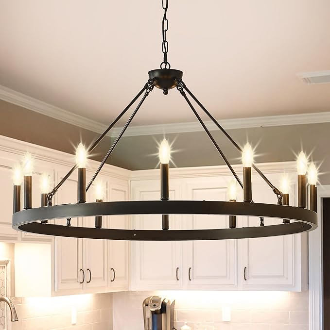 40 Inch Black Farmhouse Wagon Wheel Chandelier,12-Light Round Industrial Pendant Light fixtures for Outdoor Porch high Ceilings Living Dining Room Foyer Entryway