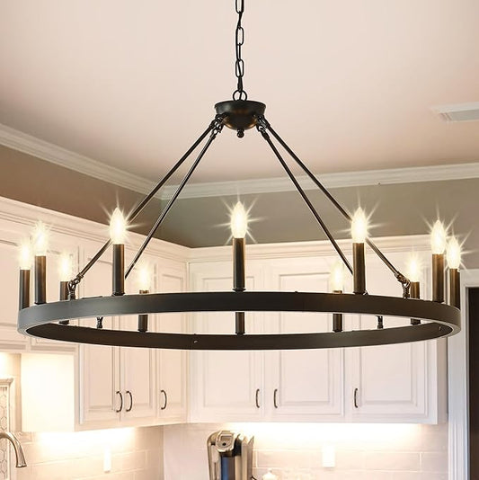 40 Inch Black Farmhouse Wagon Wheel Chandelier,12-Light Round Industrial Pendant Light fixtures for Outdoor Porch high Ceilings Living Dining Room Foyer Entryway