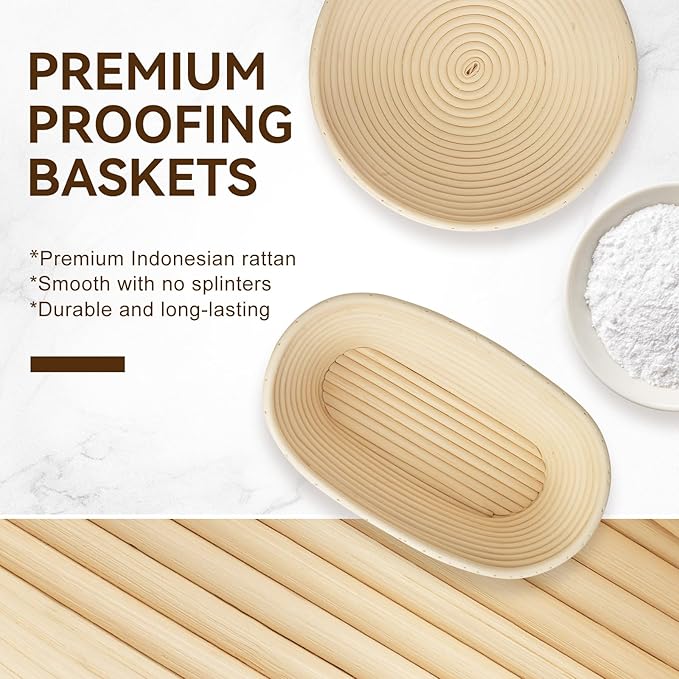Sourdough Starter Kit - Banneton Bread Proofing Basket & Bowls - 9" Round & 10" Oval & 17" Baguette Sourdough Proofing Basket