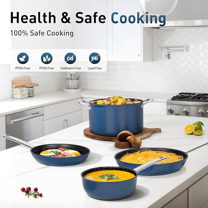 MAISON ARTS Plasma Titanium Coating Non stick Cookware Sets, 6 Piece Induction Pots and Pans Set, Non-Toxic Deep Frying Pan and Casserole with Silicone Glass Lid