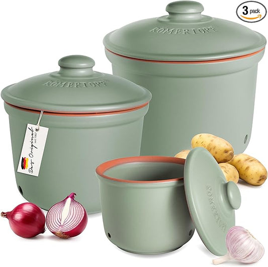 Romertopf Freshness Storage Potato Onion Garlic Clay Pot Set of 3 with Lids - Green