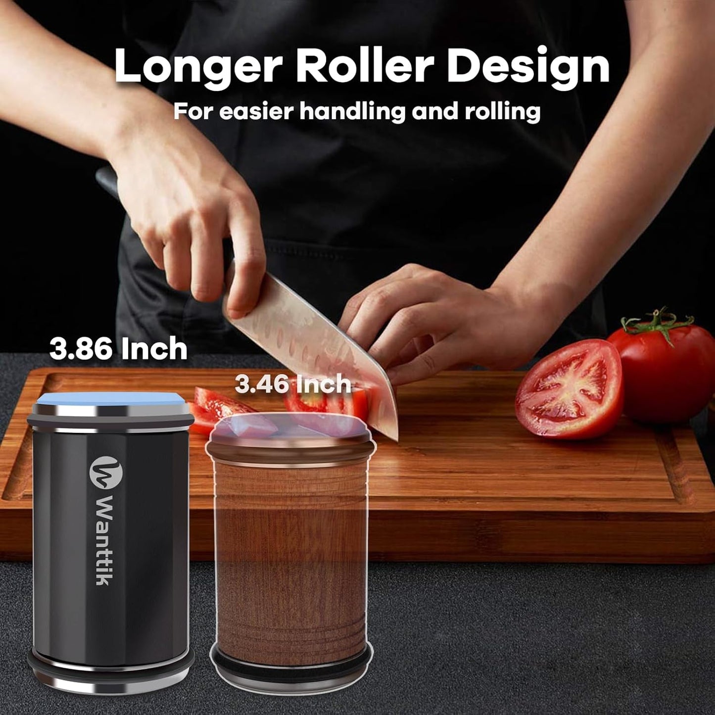 Rolling Knife Sharpener Kit, Upgraded Roller Knife Sharpener with Leather Strop for Kitchen Knives, 4-Disc Rolling Stone Sharpener with 15&18&20&22 Degree Sharpening, Black