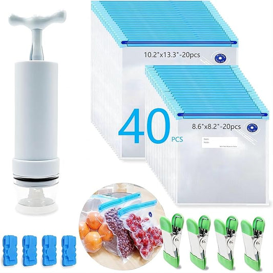 MOMODA Sous Vide Cooking Bags - Set of 40 | BPA-Free Reusable Vacuum Seal Bags with Air Valve for Joule and Anova Cookers | Freezer Safe Vacuum Food Storage Bags with Upgraded Hand Pump Included