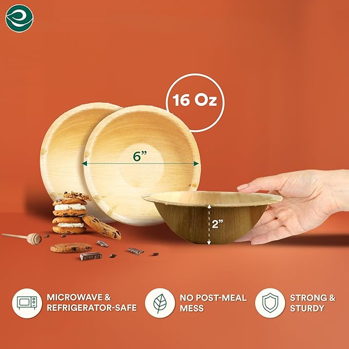 ECO SOUL Palm Leaf Bowl 20 pc, Small 6" (16 Oz) | Round Like Bamboo Bowls, Compostable, Biodegradable, Disposable Palm Leaf Bowls Eco-friendly | Sturdy, Microwave & Oven Safe