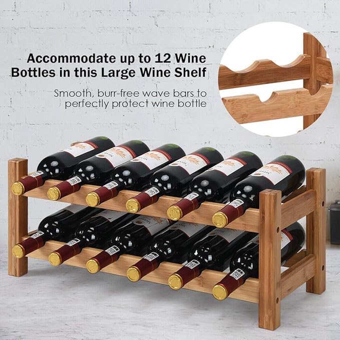 COSTWAY Wine Rack, Bamboo 12 Bottles 2-Tier Wine Display Rack for Countertop Home Kitchen Pantry, Free Standing Wine Storage, Rack Tabletop Wine Rack (Nature)