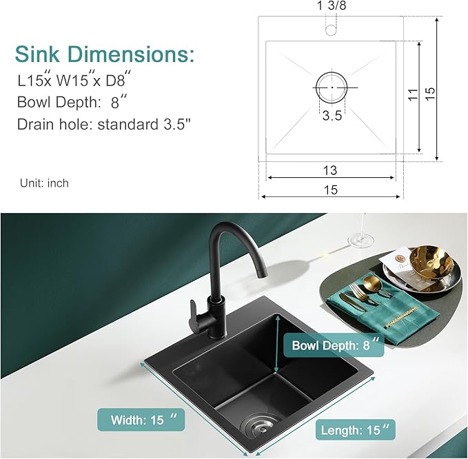 15 inch Drop in Bar Sink Black, Small Topmount Kitchen Sink Single Bowl, Handmade T-304 Stainless Steel Overmount Kitchen Bar Sink with Basket Strainer