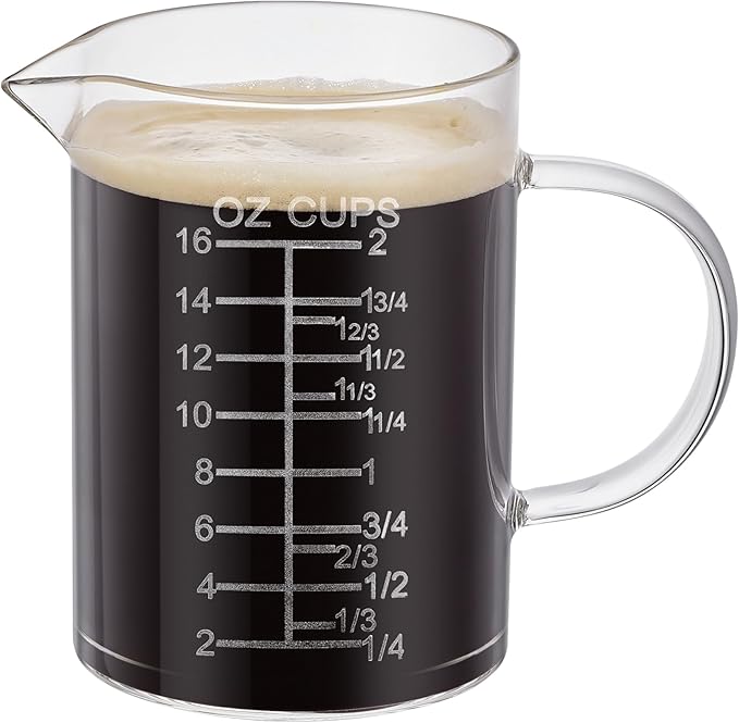 Ackers Etched Graduated Glass Measuring Cup - [Insulated Handle | V-Shaped Spout] - High Borosilicate Glass Measuring Cup for Kitchen or Dining, Easy to Read, 500 ML (16 Oz, 2 Cup)