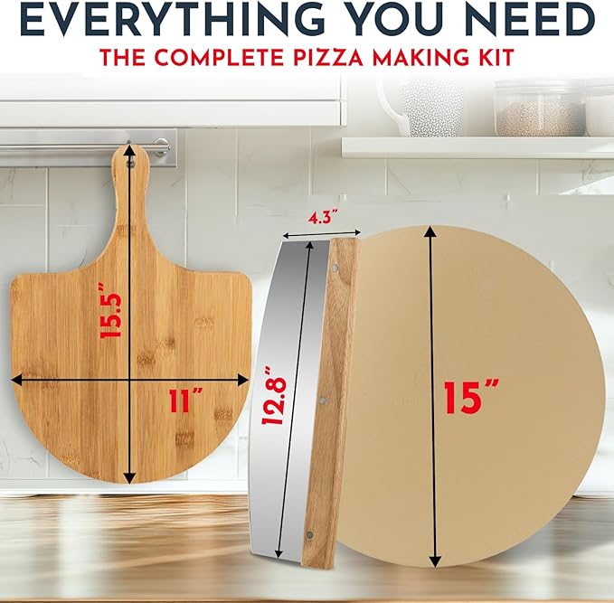 3PCS Round Pizza Stone for Oven Set 15" - Comes with Pizza Peel for Oven and Cutter - Cordierite Stones for Bread, Calzone, Cookies
