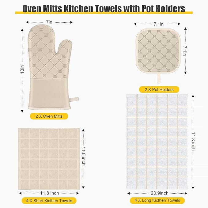 Oven Mitts Kitchen Towels Dishcloths with Pot Holders Sets 12PCS, Dish Towels Sets, Oven Gloves Pot Pads Heat Resistant 500 Degrees with Non-Slip Silicone Surface for Cooking Baking Grilling-Milkshake