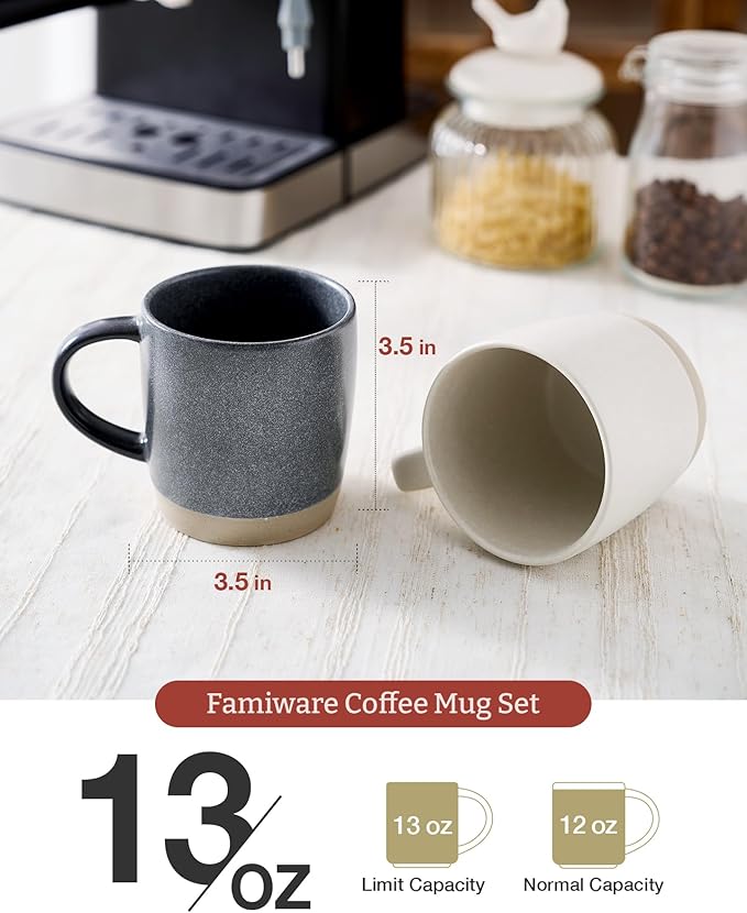 famiware Coffee Mugs Set of 4, Milkyway 13 oz Mug Set, Ceramic Cup Set with Handle for Coffee, Tea, Cocoa, Milk, Matte White + Matte Dark Charcoal