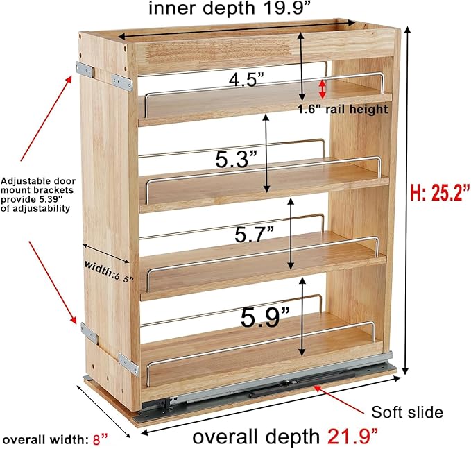 DINDON Pull Out Spice Rack Organizer for Cabinet, (6.5" W x 21.9" D x 25.2" H) Multi-Use Wood Pull Out Cabinet Organizer Slide Out Shelf Cabinet Storage for Kitchen, Pantry Organization