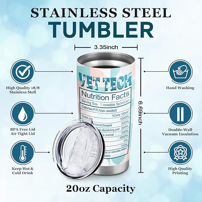 Vet Tech Gifts, Vet Tech Week Appreciation Gifts, Veterinary Tumbler Stainless Steel 20oz Straw Lid, Veterinary Technician Gift for Birthday Graduation Christmas