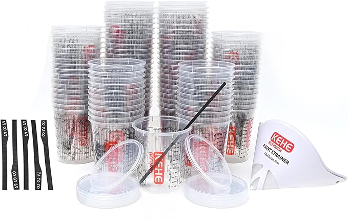 100 Pack Paint Mixing Cups by KEHE REFINISH,18 oz (550ml),Disposable or Reusable Plastic Measuring Cups with Lids for Liquids, Paints, Resin, Epoxy, Art,Ratios 1:1,2:1, 3:1, 4:1,5:1,6:1,7:1,8:1