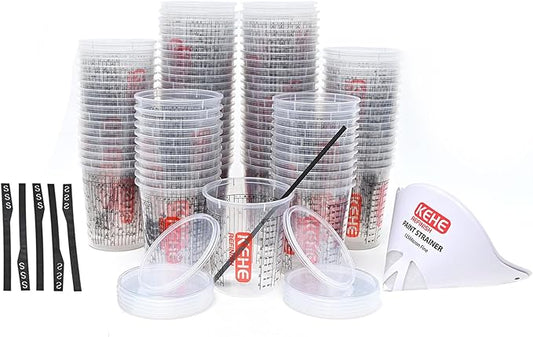 100 Pack Paint Mixing Cups by KEHE REFINISH,18 oz (550ml),Disposable or Reusable Plastic Measuring Cups with Lids for Liquids, Paints, Resin, Epoxy, Art,Ratios 1:1,2:1, 3:1, 4:1,5:1,6:1,7:1,8:1