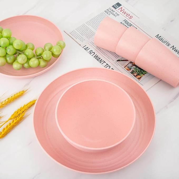 Supernal Pink Wheat Straw Dinnerware Sets,Unbreakable Dishes for 8, Plate and Bowls Sets, Reusable Plates, Microwave Dishwasher Safe Plates,Plastic Dinnerware Set, Pink Plastic Tableware