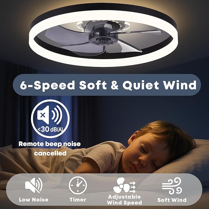 23.6'' Ceiling Fan with Light, Upgraded Low Profile Fan, Flush Mount Ceiling Fan, 6 Speeds, Dimmable LED, App & Remote Control, Quiet DC Motor, for Bedroom, Living Room, F115 Black