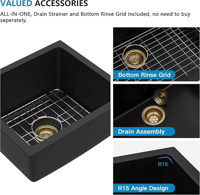 18"x16" Undermount Bar Prep Sink – Matte Black Granite Composite Quartz Classic Under Counter Single Bowl Sink Basin for Wet Bar, RV, Small Kitchen, Mobile Home